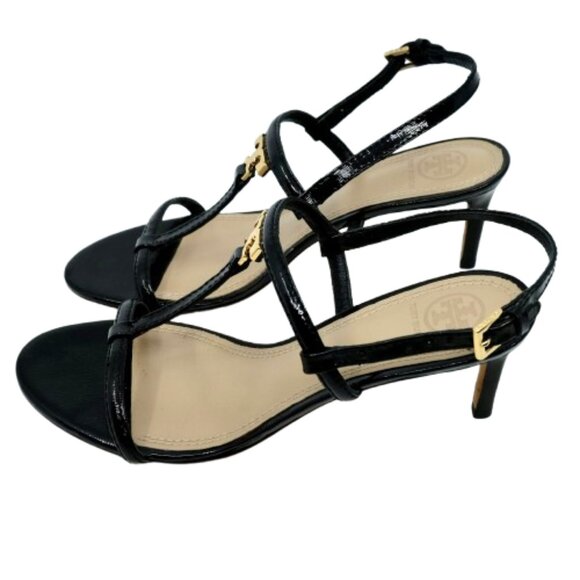 TORY BURCH~T-Logo~BLACK PATENT SAFFIANO HEELED STRAPPY SHOES 7.5M - Picture 2 of 7